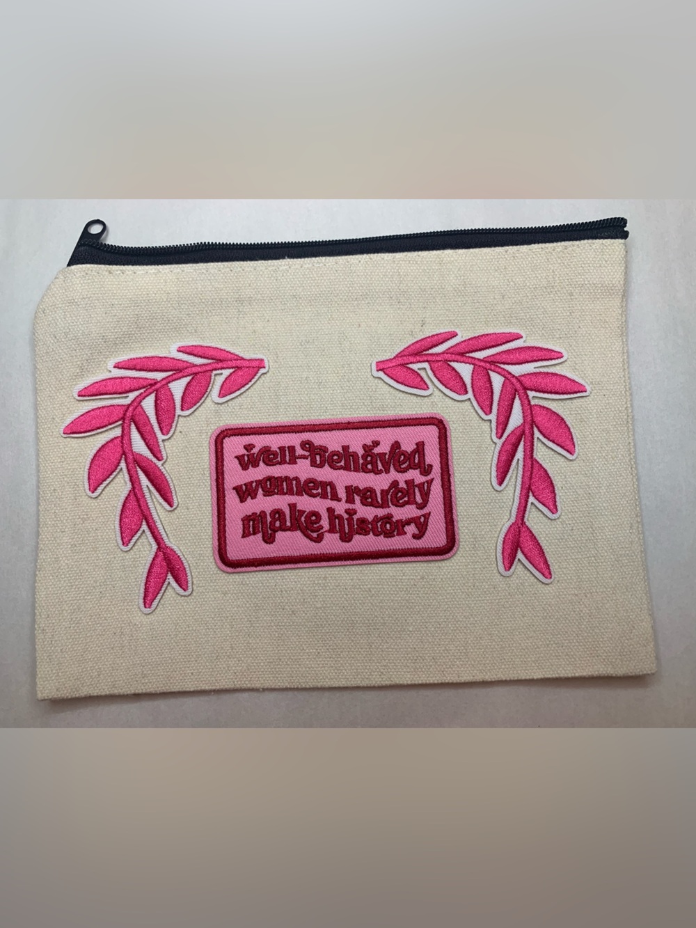 Hand Crafted Neutral Canvas Cosmetic Pouch with Pink Embroidery